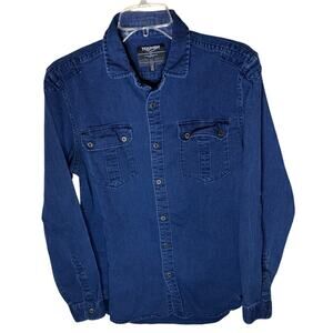 Triumph Motorcycles Shirt Mens Long Sleeve  Pockets Blue Cotton Snap Collared